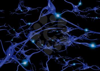 Brain cells with electrical firing. 3D rendering 