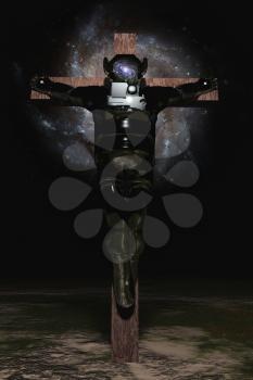 Crucified astronaut in arid landscape. 3D rendering. Galaxy view in the sky
