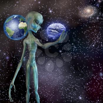 Alien ponders human brain. 3D rendering