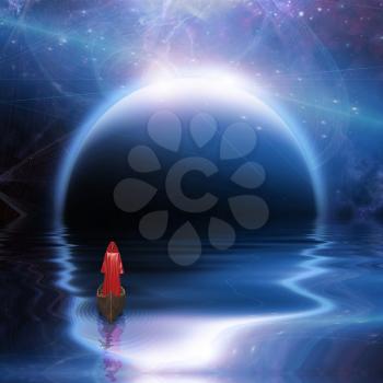 Man in red robe floating to blue planet. 3D rendering