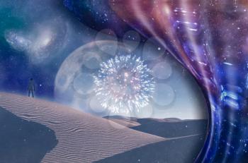 Man watches the fireworks in desert. Surreal scene. 3D rendering
