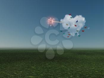 Surrealism. Cloud in shape of heart with ignited wick. 3D rendering