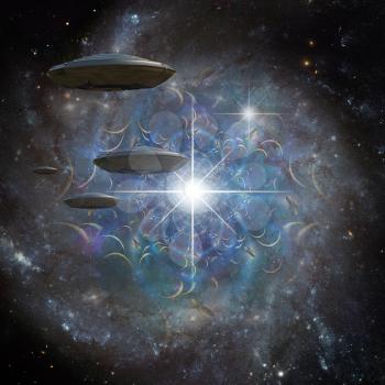 Flying saucers in space portal. 3D rendering