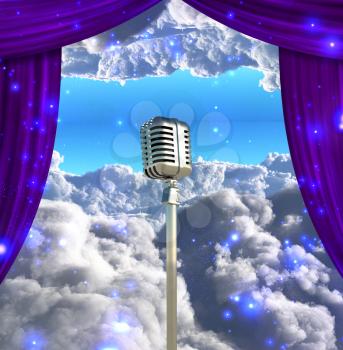 Vintage microphone and stage drapes. 3D rendering