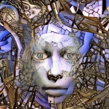 Face in abstract. Modern digital art. 3D rendering