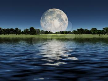 Moonrise over Lake. 3D rendering