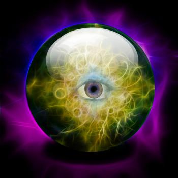 Crystal Ball with Eye and Galaxy. 3D rendering
