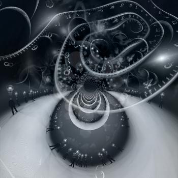 Eternal spaces. Surreal composition with time spirals. 3D rendering