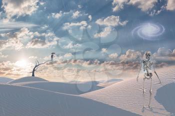 Skeleton stands on desert of death. Man holding umbrella balances on tree . Surreal scene. 3D rendering