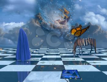 Strange dreams. Surreal landscape. Striped horse. Figure hidden under cloth. Ancient sailboat on clouds and butterfly. 3D rendering
