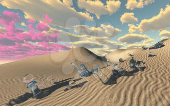 Buried chess pieces in surreal desert landscape. 3D rendering