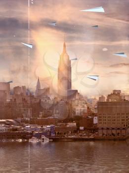 New York city waterfront. Paper planes fly in the sky. 3D rendering