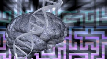 DNA strand and brain on maze background. 3D rendering