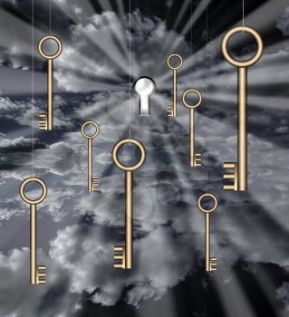 Keys hanging in cloud sky. 3d rendering.