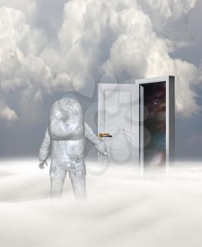 Astronaut in strange planet and mysterious door. 3d rendering.
