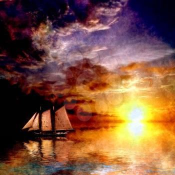 Sailboat in beautiful sunset sea. 3D rendering