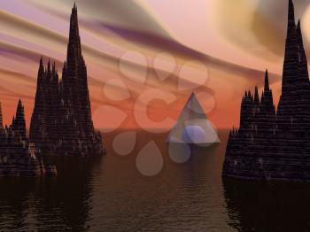 Pyramid in sci fi landscape. 3D rendering