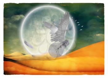 Winged idea under full moon. Conceptual image