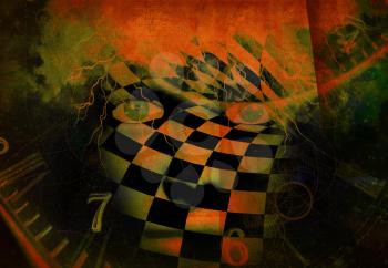 Surrealism. Womans face with checkered pattern in vivid universe. Spirals of time