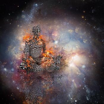 Space meditation. Burning man in lotus pose meditate in deep space. 3D rendering