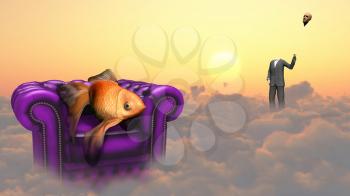 Golden fish in armchair on a clouds. Man in a suit holds his head as a balloon. 3D rendering