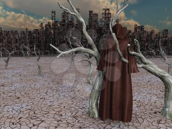 Robed Figure Before Detroyed City. 3D rendering