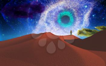 Lonely man in alien desert. 3D rendering