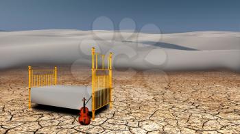 Violin and bed in arid land. 3D rendering