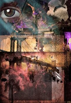 Grunge Dark Textured Manhattan Bridge Abstract. 3D rendering