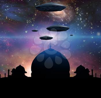 Temple in eastern style. Spacecrafts in the sky. Universe with galaxies on a background. 3D rendering