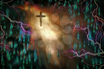 Surreal painting. Cross in ray of light. Raindrops. 3D rendering