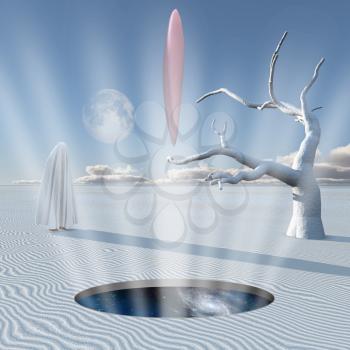 Surreal white desert. Mystic figure in white clothes. 3D rendering