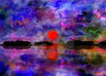 Modern abstract painting in sumi-e style. Red sunset over calm water