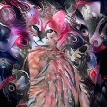 Digital abstract painting in vivid colors. Cute kitten