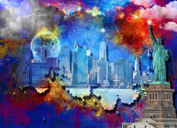 Libery Statue and New York Cityscape on Modern Art Background. 3D rendering