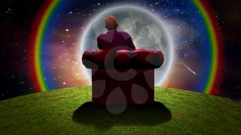 Surreal composition. Man sits in red armchair and observes moon and rainbow in vivid universe. 3D rendering