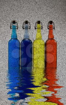 Bottles Reflection on water. 3D rendering