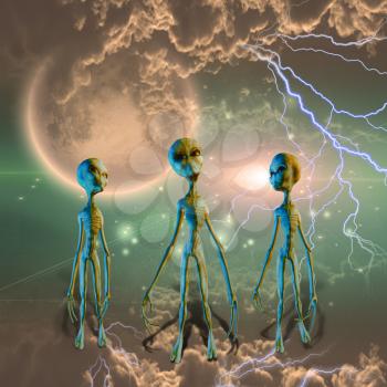 Three aliens in clouds. Sci-fi composition. 3D rendering.