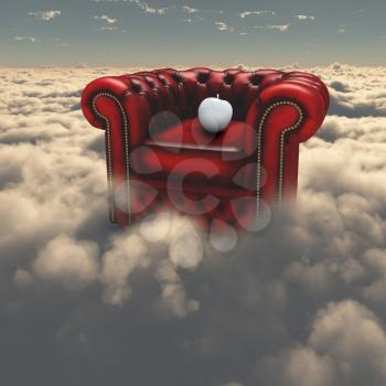 Armchair and white apple in the sky. 3D rendering.