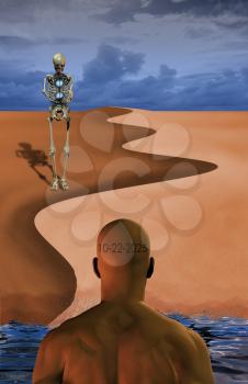 Man of future. Skeleton with hourglass. 3D rendering
