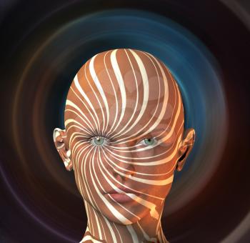 Woman with swirling radial rays face. 3D rendering.