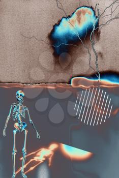 Skeleton on abstract painting. Modern digital art. 3D rendering