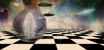 Holy man and UFO's in surreal landscape. 3d rendering.