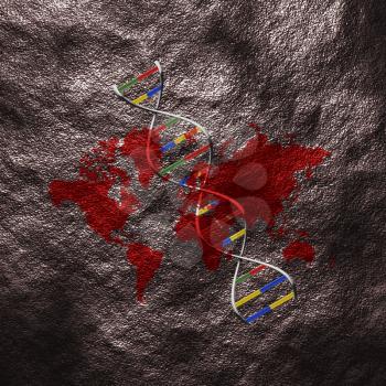 World map and DNA strand. Grungy composition. 3D rendering.