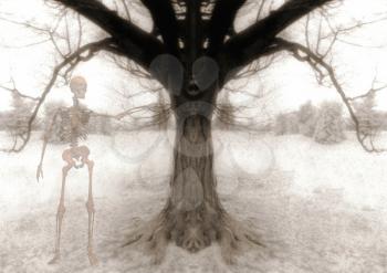 Afterlife. Skeleton and symmetrical tree branches. 3D rendering