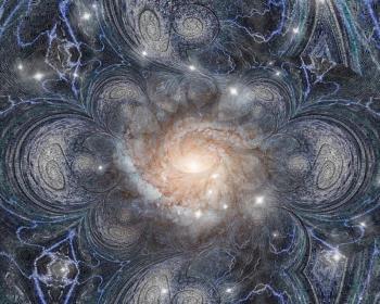 Galaxy on abstract spiral space. 3D rendering.