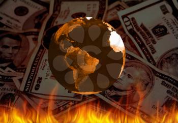 Planet Earth, fire and US dollars. 3D rendering.