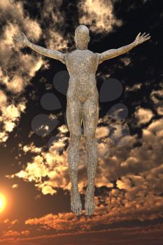 Cyborg ascension in sunset sky. 3D rendering.