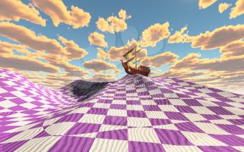 Ancient sailboat shipwrecked in strange land. Surreal checkered desert. 3D rendering