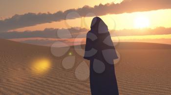 Mysterious hooded figure in desert landscape. 3D rendering